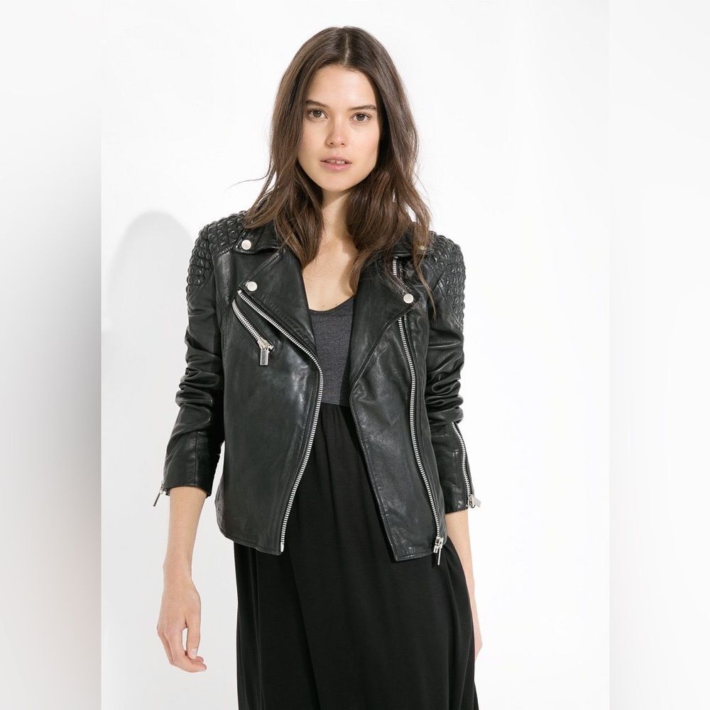 Mango Textured Panel Genuine Leather Biker Jacket Black XS Quilted Shoulder Moto